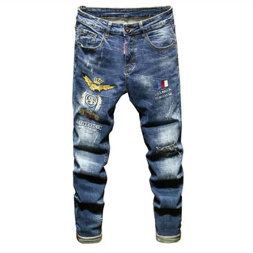 Men's Casual Embroidery Slim Fit Ripped Stretch Mid Waist Skinny Jeans Pants