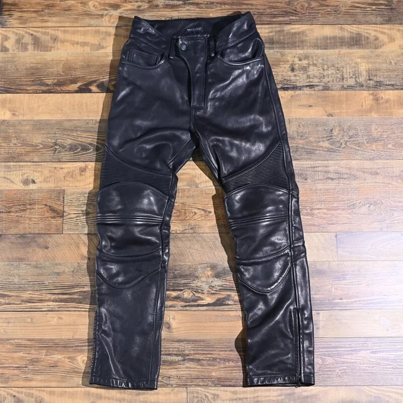 Men's Casual Pure Cowhide Leather Slim Fit Motorcycle High Waist Pants