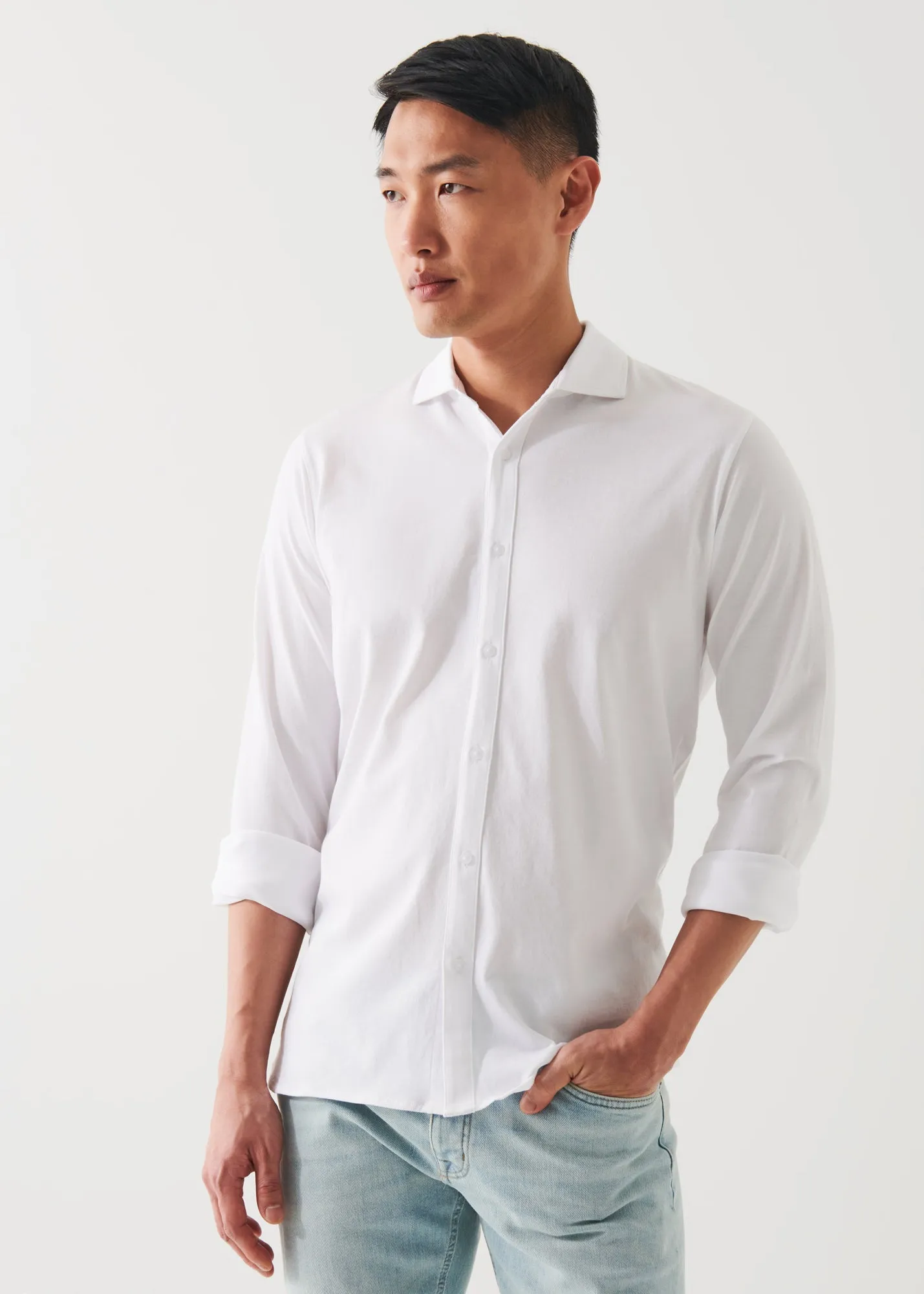 MERCERIZED PIMA COTTON LONG SLEEVE BUTTON FRONT SHIRT