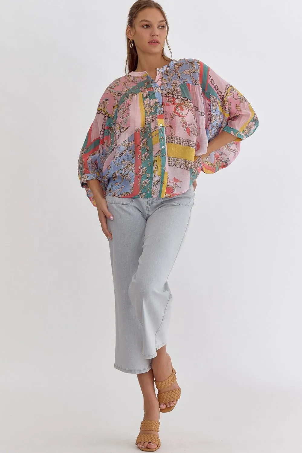 Mixed Print Button Up 3/4 Sleeve Top