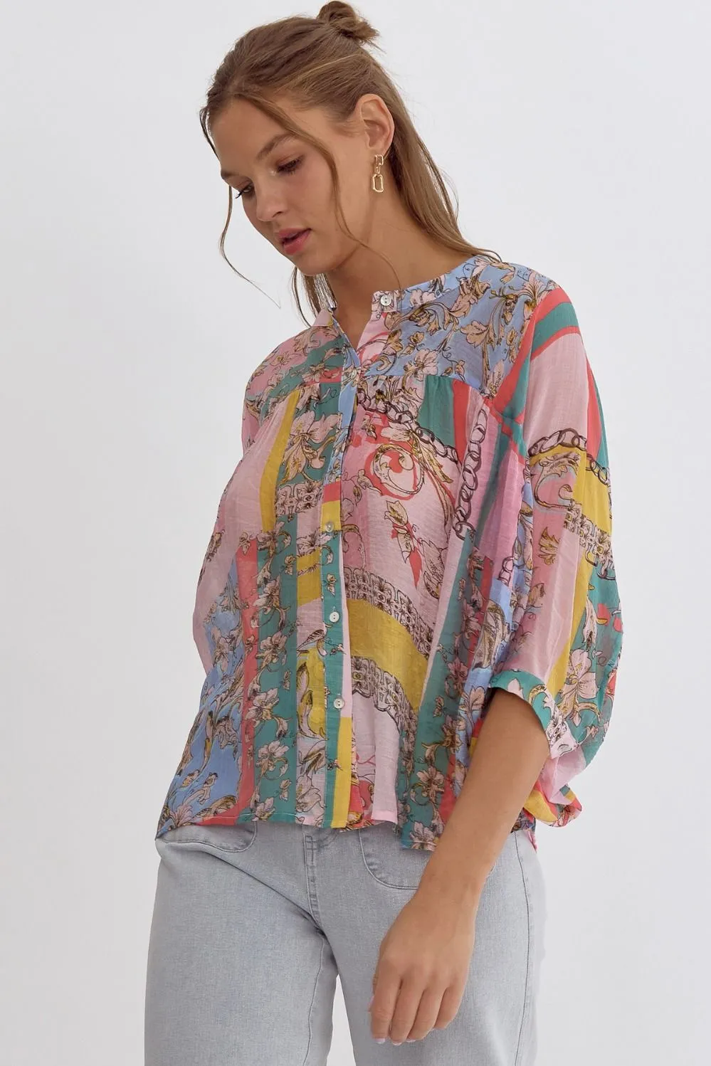 Mixed Print Button Up 3/4 Sleeve Top