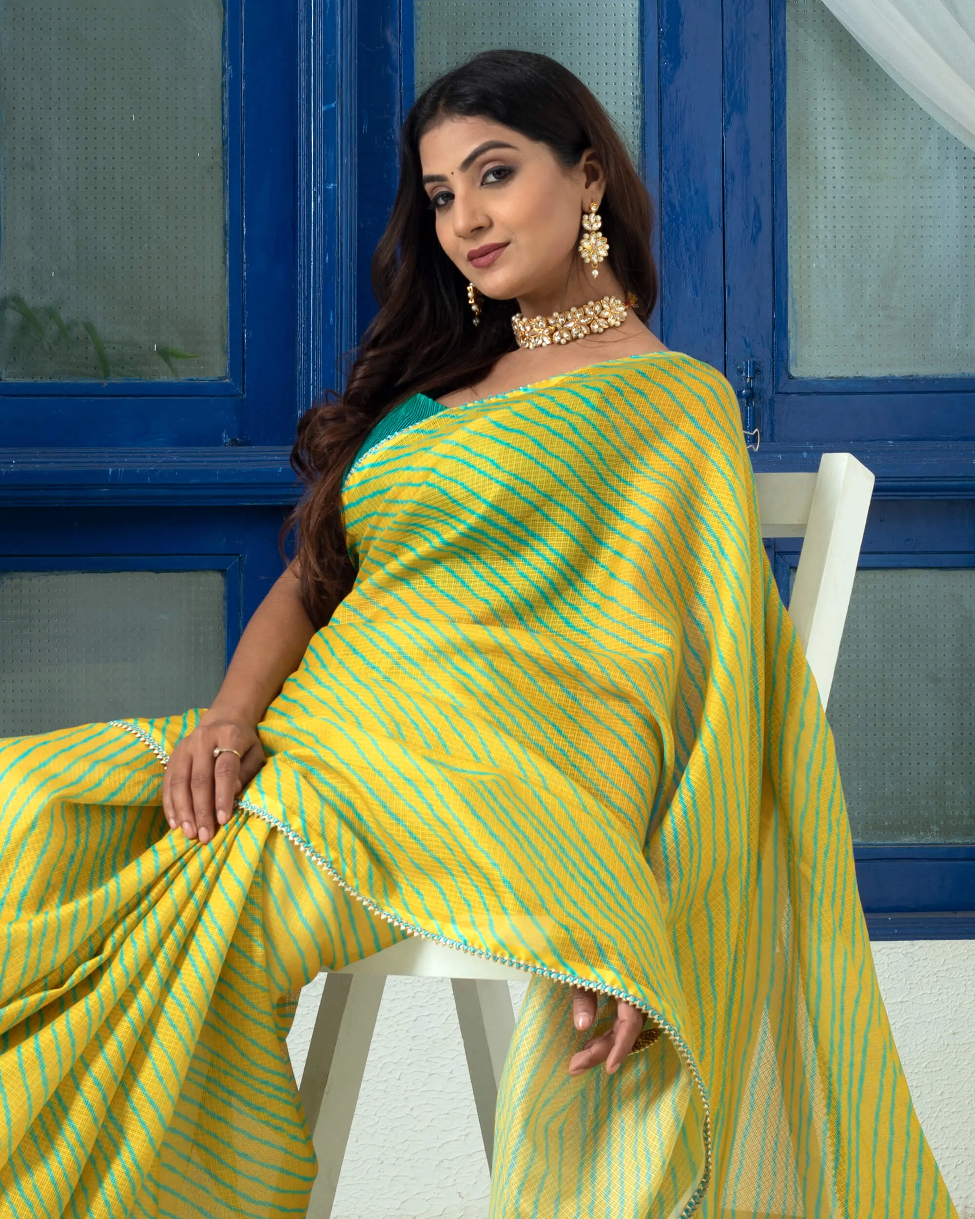 Mustard Yellow And Turquoise Leheriya Pattern Digital Print Kota Doria Saree With Zari Lace Border