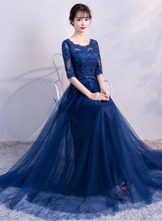 Navy Blue Lace and Tulle Lovely Round Neckline Party Dress, A-line Blue Prom Dress Bridesmaid Dress