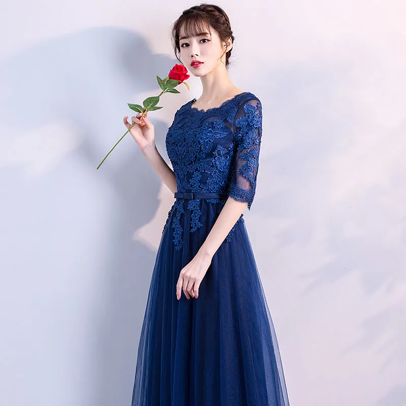 Navy Blue Lace and Tulle Lovely Round Neckline Party Dress, A-line Blue Prom Dress Bridesmaid Dress