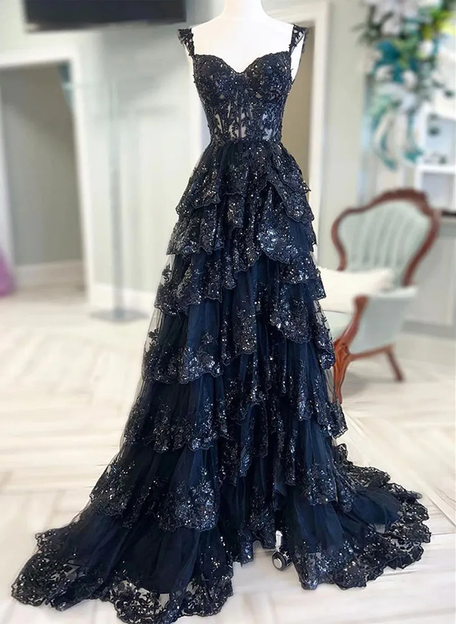 Navy Blue Lace and Tulle Sweetheart Long Formal Dress, Navy Blue Prom Dress