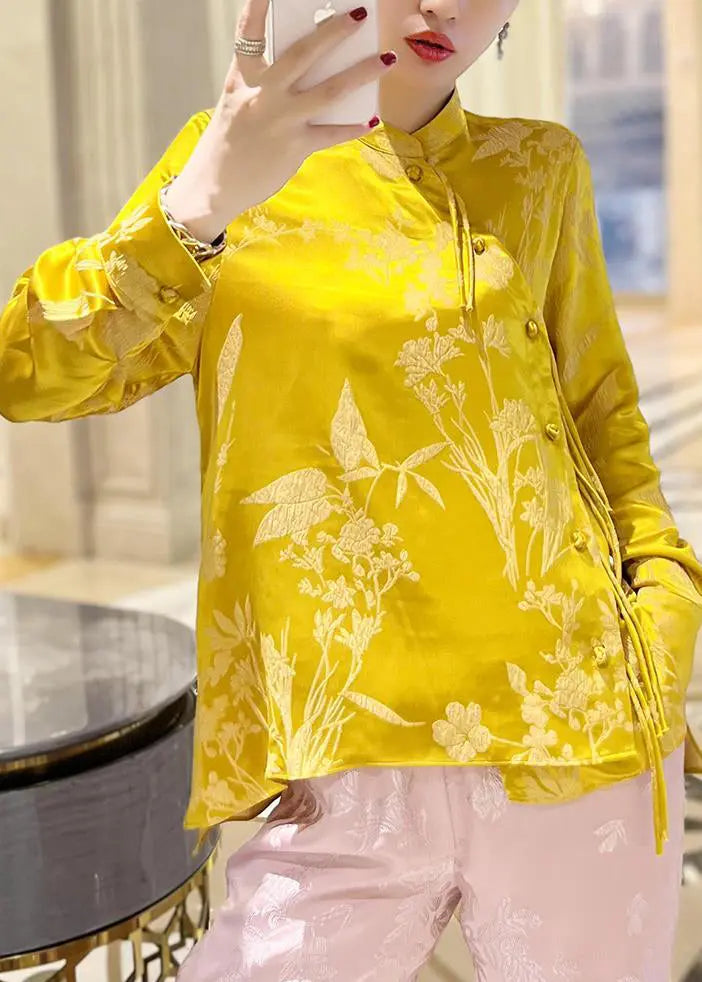 New Yellow Stand Collar Button Print Silk Shirt Long Sleeve CG1032