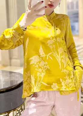 New Yellow Stand Collar Button Print Silk Shirt Long Sleeve CG1032