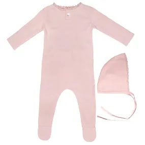 Noggi Pink Lace Trim Stretchie and Bonnet