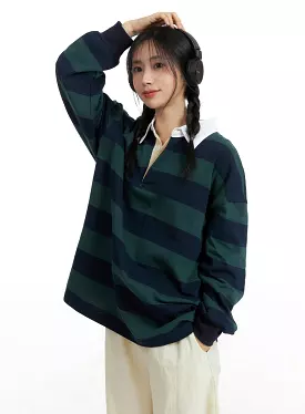 Oversized Collar Striped Button Long Sleeve OM408