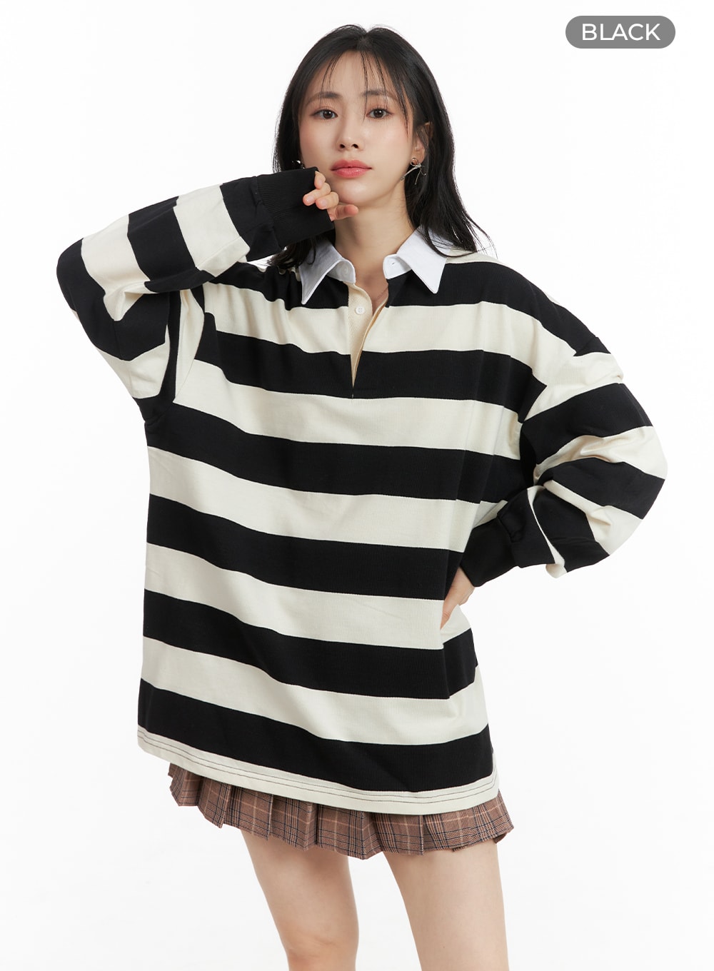 Oversized Collar Striped Button Long Sleeve OM408