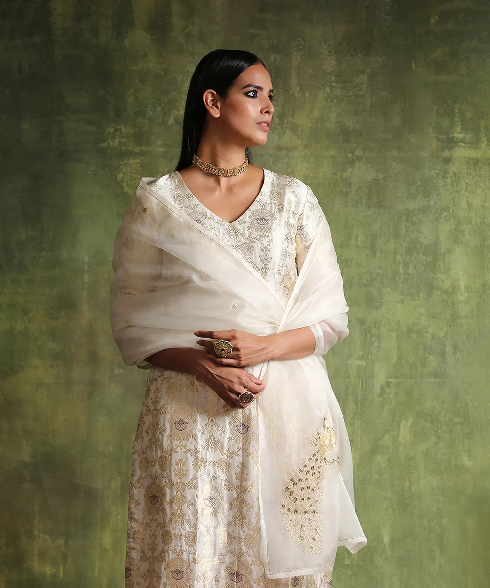 Pearl White Handloom Pure Katan Silk Brocade Kurta With Pants And Organza Dupatta