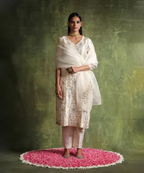 Pearl White Handloom Pure Katan Silk Brocade Kurta With Pants And Organza Dupatta