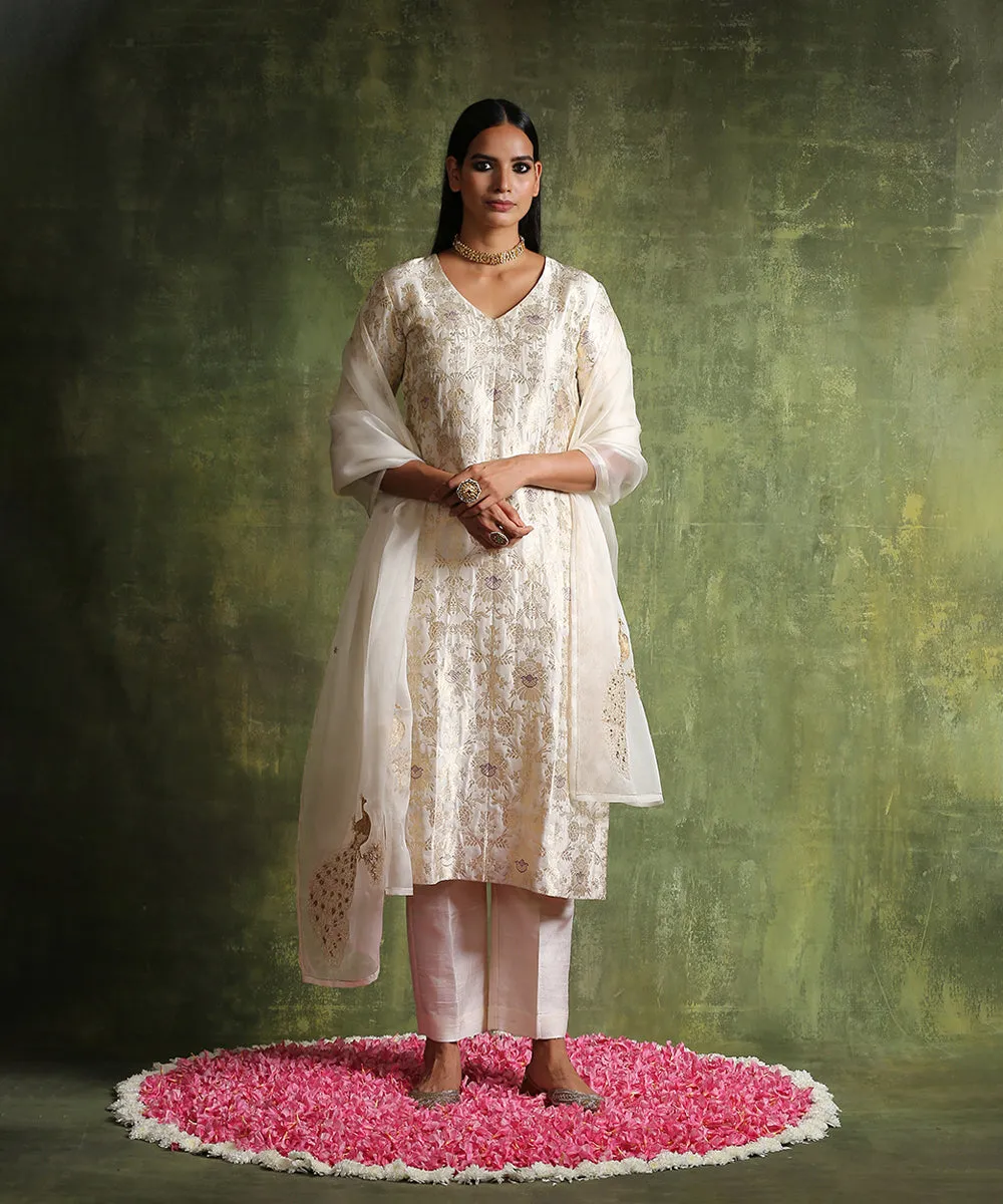 Pearl White Handloom Pure Katan Silk Brocade Kurta With Pants And Organza Dupatta