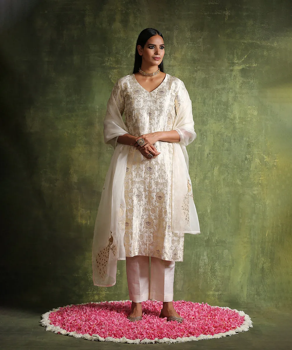 Pearl White Handloom Pure Katan Silk Brocade Kurta With Pants And Organza Dupatta