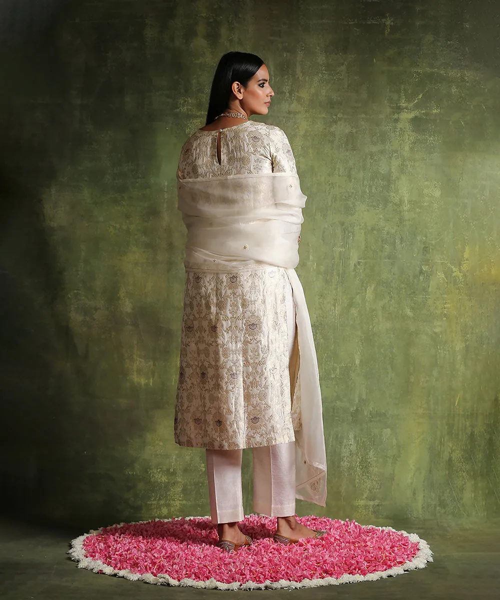 Pearl White Handloom Pure Katan Silk Brocade Kurta With Pants And Organza Dupatta