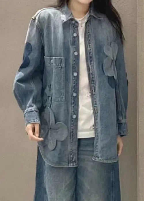 Plus Size Blue Button Pockets Denim Coats Long Sleeve CG1024