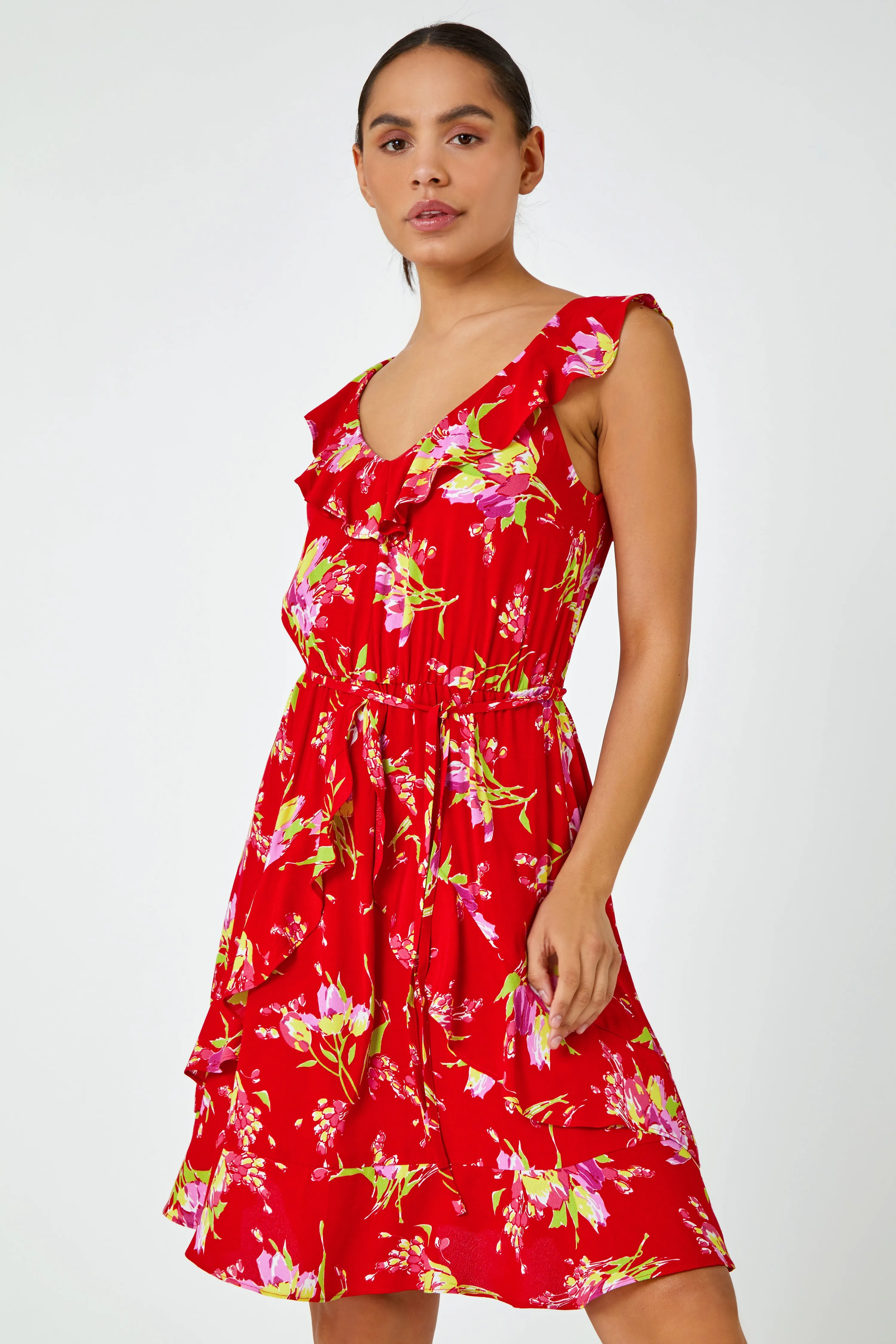 Red Floral Frill Detail Fit & Flare Dress | Roman UK