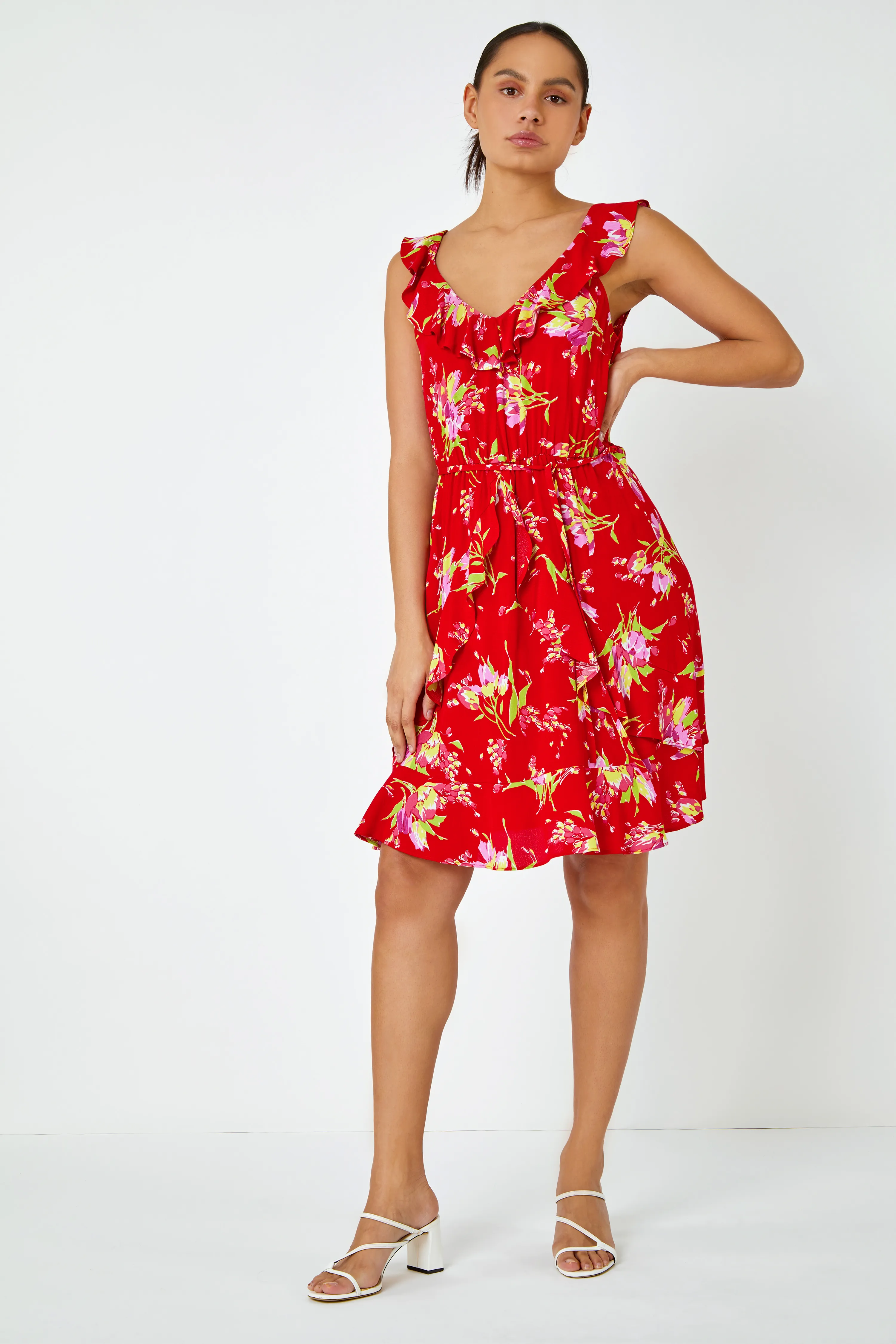 Red Floral Frill Detail Fit & Flare Dress | Roman UK