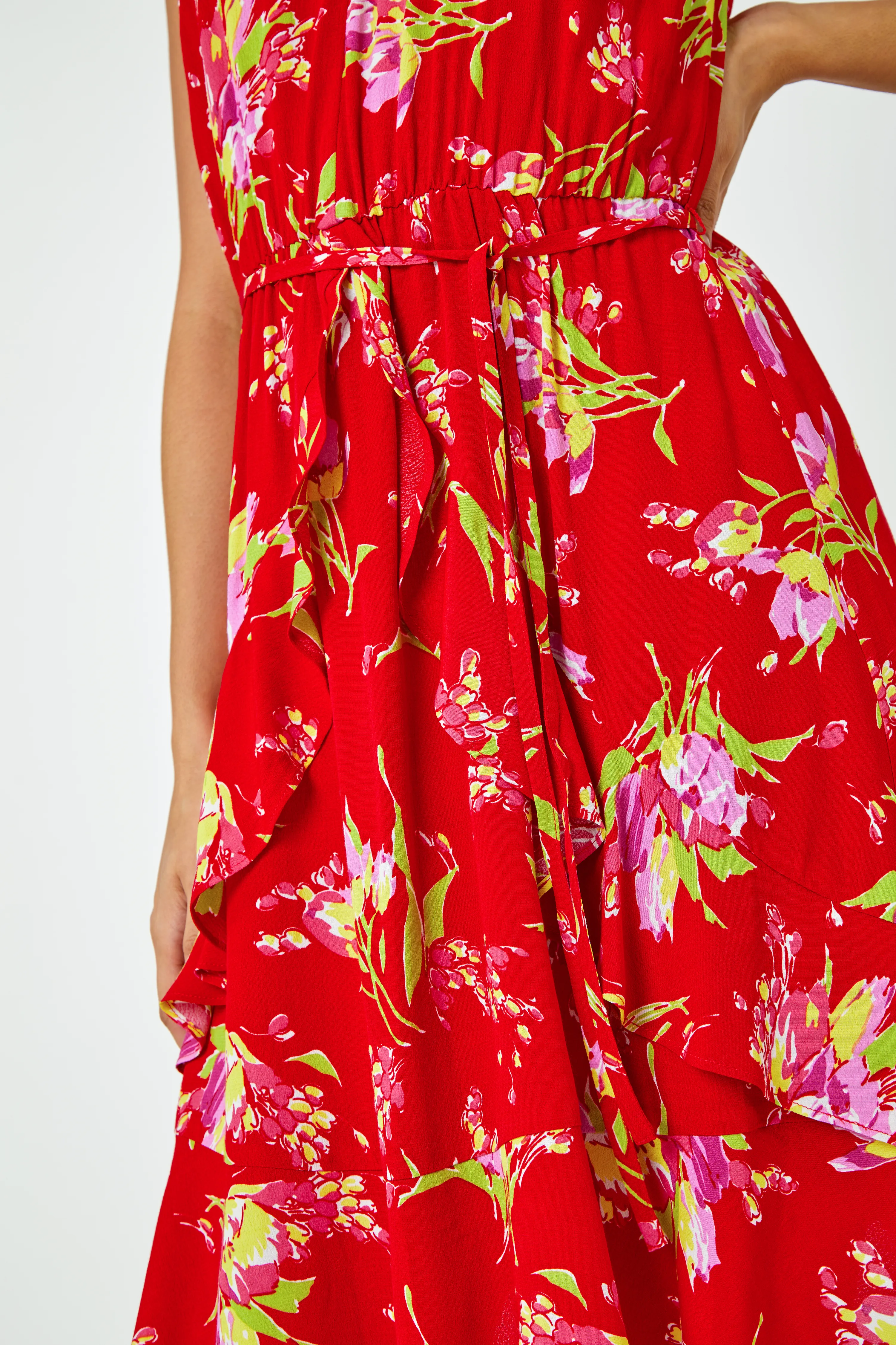 Red Floral Frill Detail Fit & Flare Dress | Roman UK