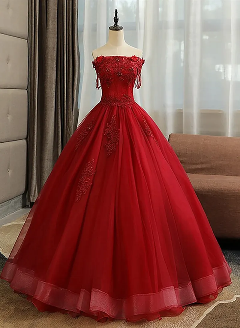 Red Off Shoulder Beaded and Lace Sweet 16 Dress, Red Formal Dress