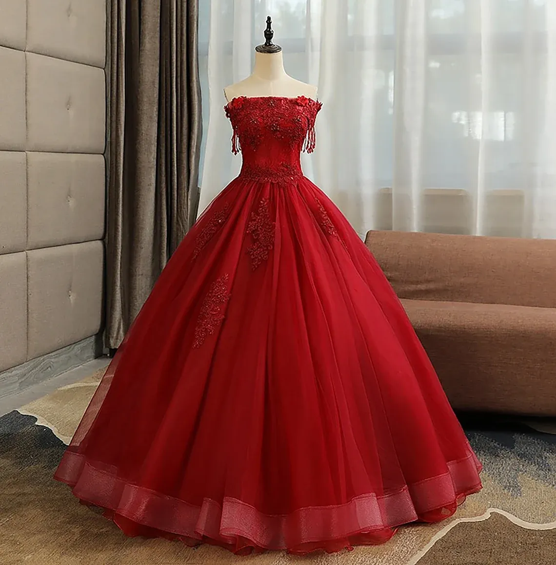 Red Off Shoulder Beaded and Lace Sweet 16 Dress, Red Formal Dress