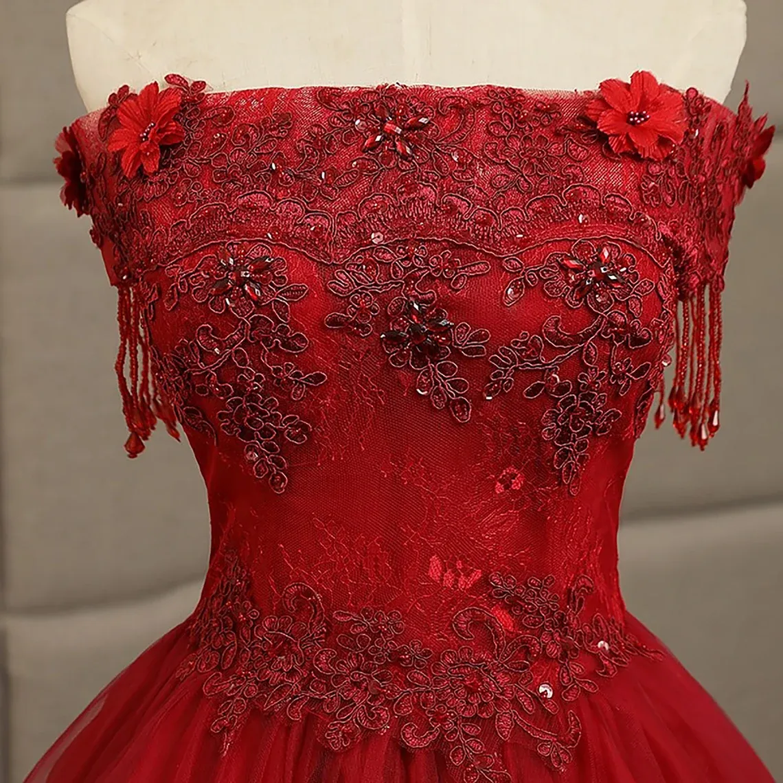 Red Off Shoulder Beaded and Lace Sweet 16 Dress, Red Formal Dress