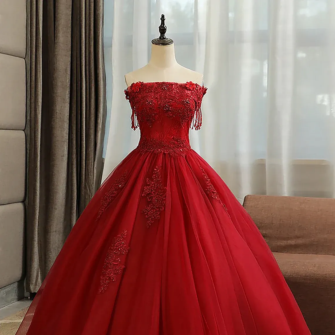 Red Off Shoulder Beaded and Lace Sweet 16 Dress, Red Formal Dress