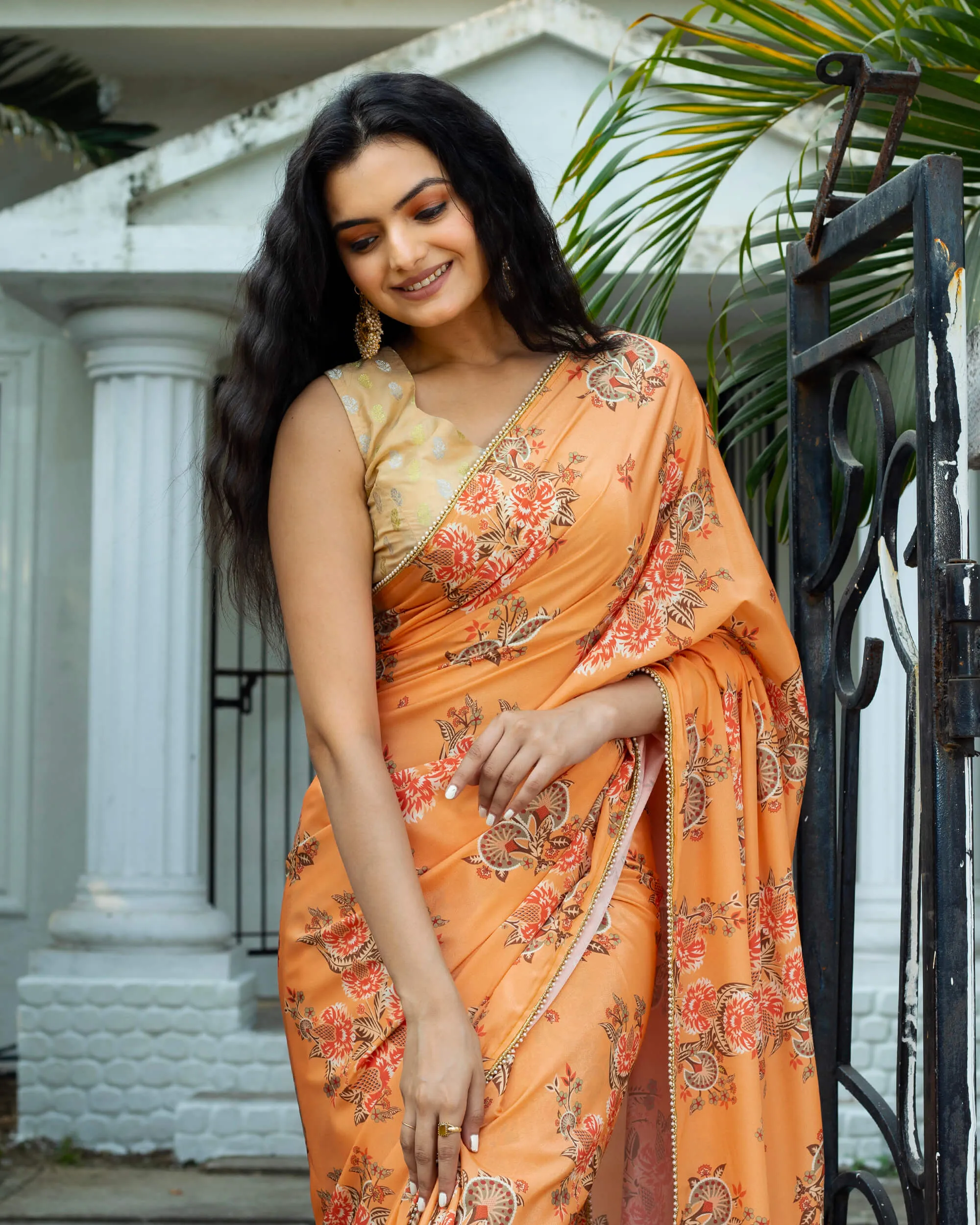 Royal Orange And Red Floral Pattern Digital Print Crepe Silk Saree With Pearl Work Lace Border