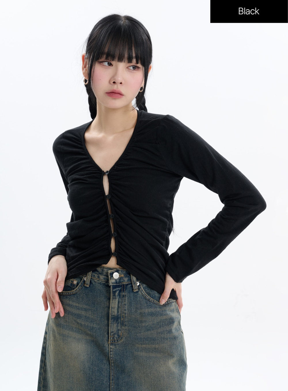 Ruched Button Crop Long Sleeve IF413