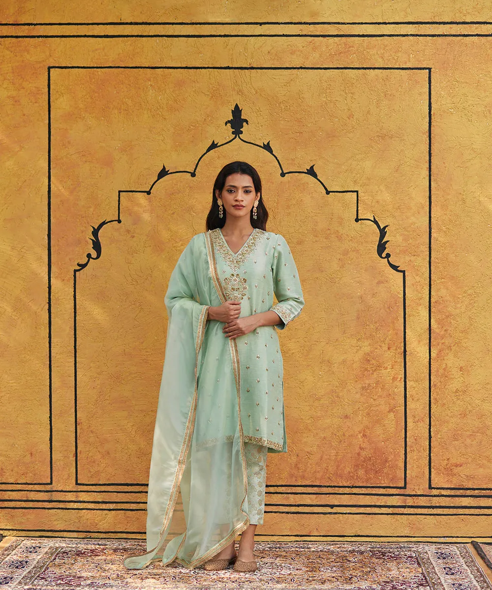 Sage Green Hand Embroidered Pure Silk Kurta With Brocade Cigarette Pants And Dupatta