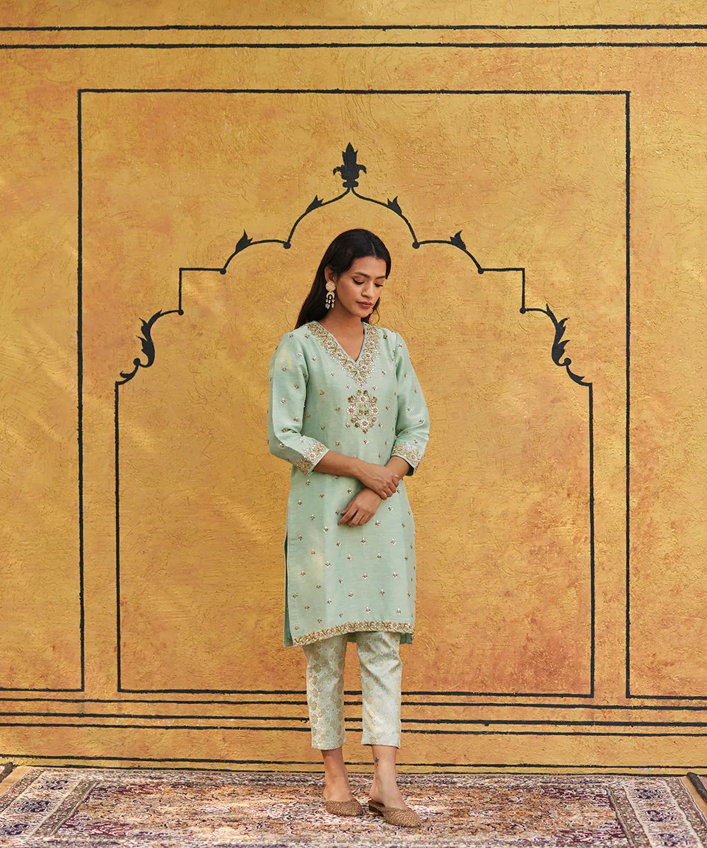 Sage Green Hand Embroidered Pure Silk Kurta With Brocade Cigarette Pants And Dupatta