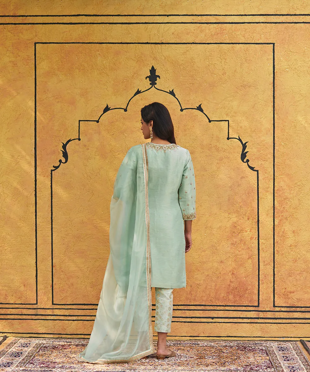 Sage Green Hand Embroidered Pure Silk Kurta With Brocade Cigarette Pants And Dupatta