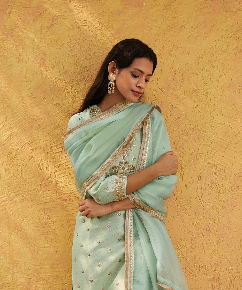 Sage Green Hand Embroidered Pure Silk Kurta With Brocade Cigarette Pants And Dupatta