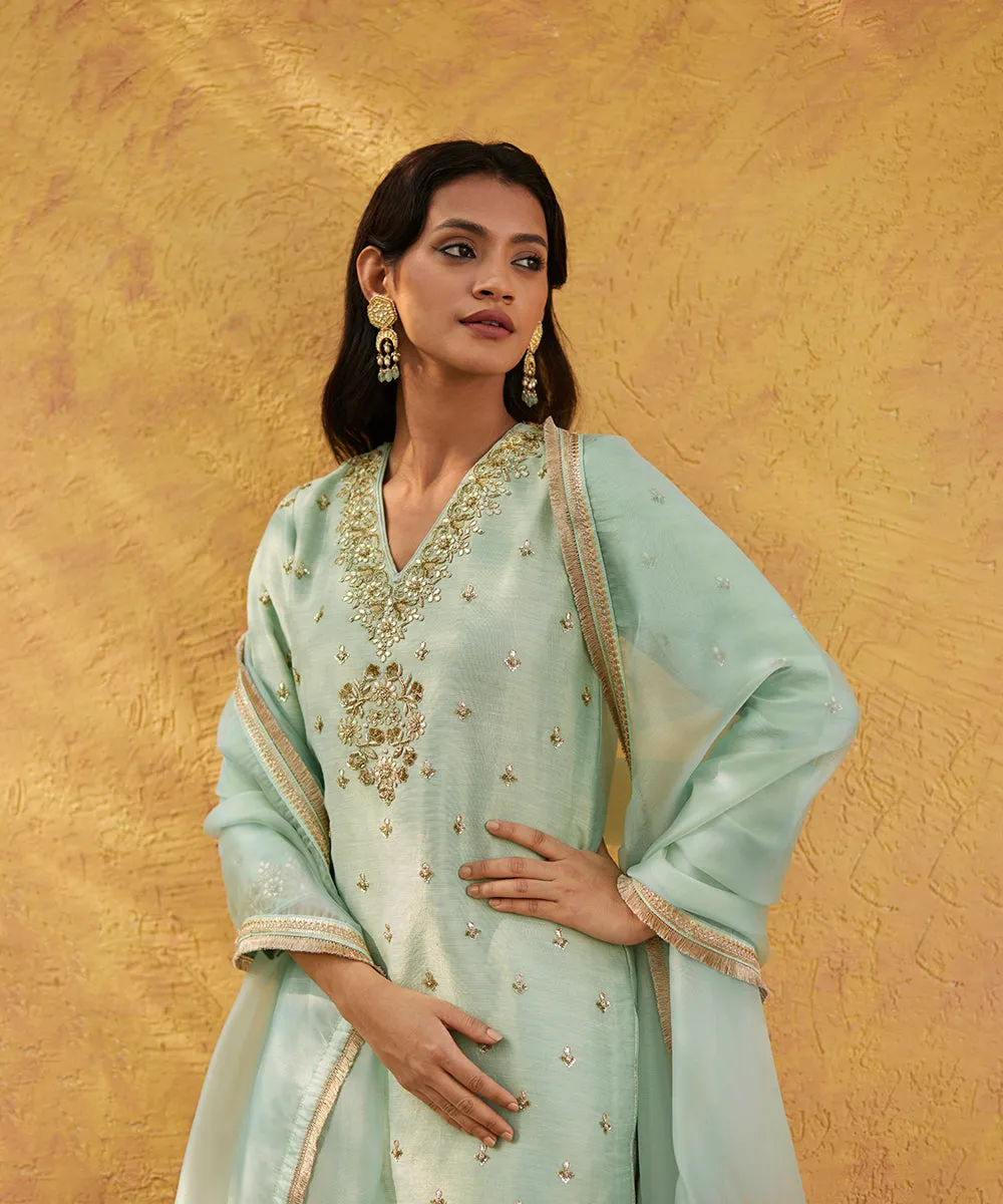 Sage Green Hand Embroidered Pure Silk Kurta With Brocade Cigarette Pants And Dupatta