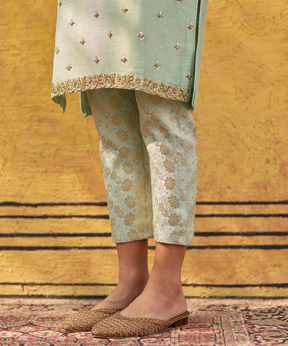 Sage Green Hand Embroidered Pure Silk Kurta With Brocade Cigarette Pants And Dupatta