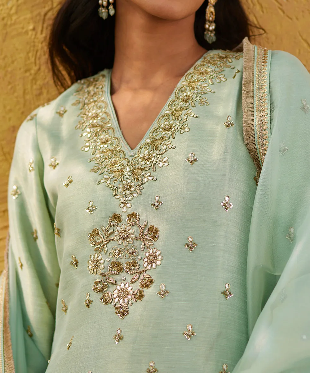 Sage Green Hand Embroidered Pure Silk Kurta With Brocade Cigarette Pants And Dupatta