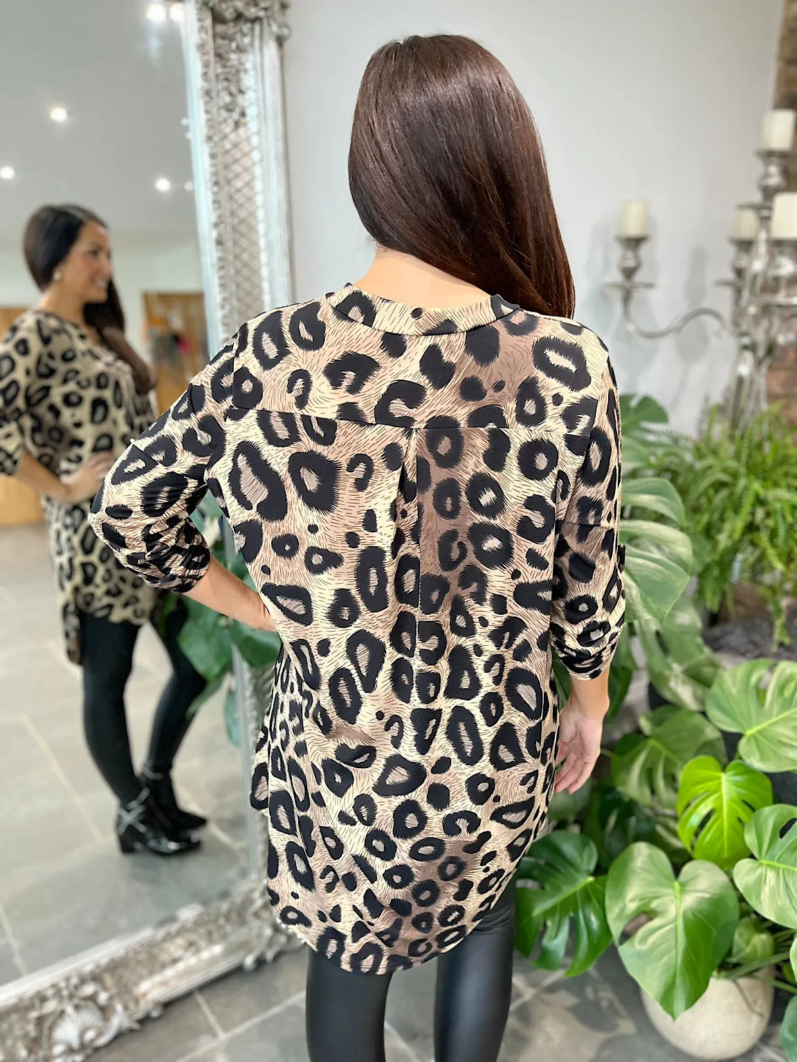 Stone Leopard Button Sleeve Top Autumn