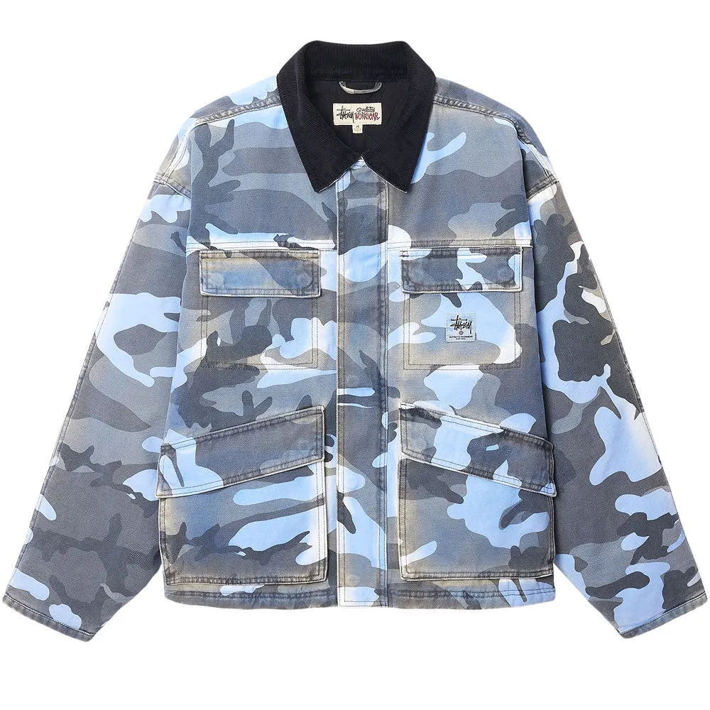 STSSY SPRAY DYE CANVAS SHOP JACKET // BLUE CAMO