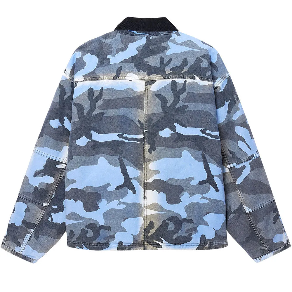 STSSY SPRAY DYE CANVAS SHOP JACKET // BLUE CAMO