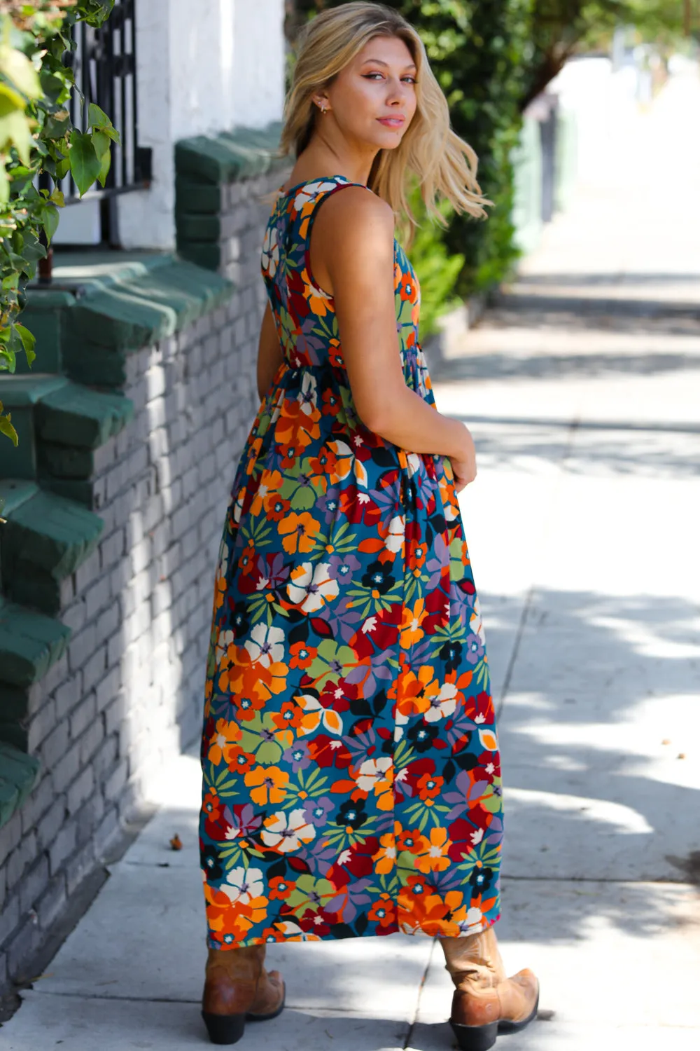 Teal & Maroon Flat Floral  Fit and Flare Sleeveless Maxi Dress