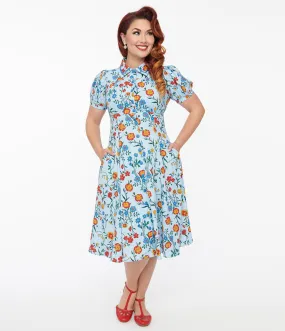 Unique Vintage 1950s Blue Floral Fit & Flare Dress