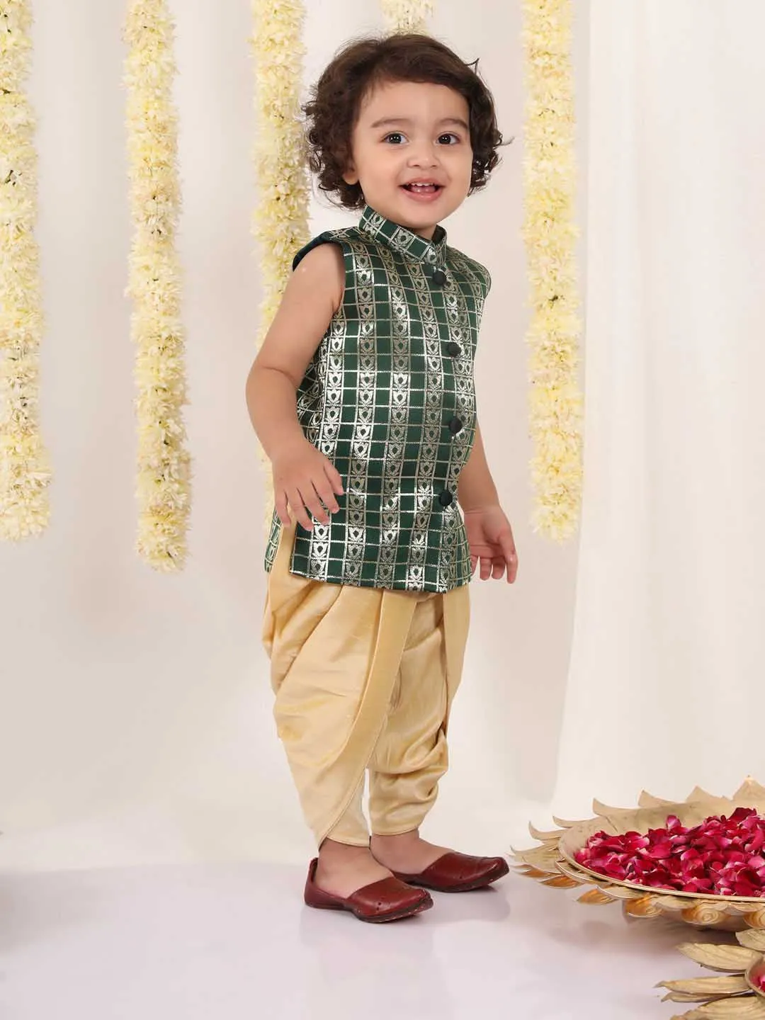 VASTRAMAY Boys' Green Brocade Kurta Dhoti Set