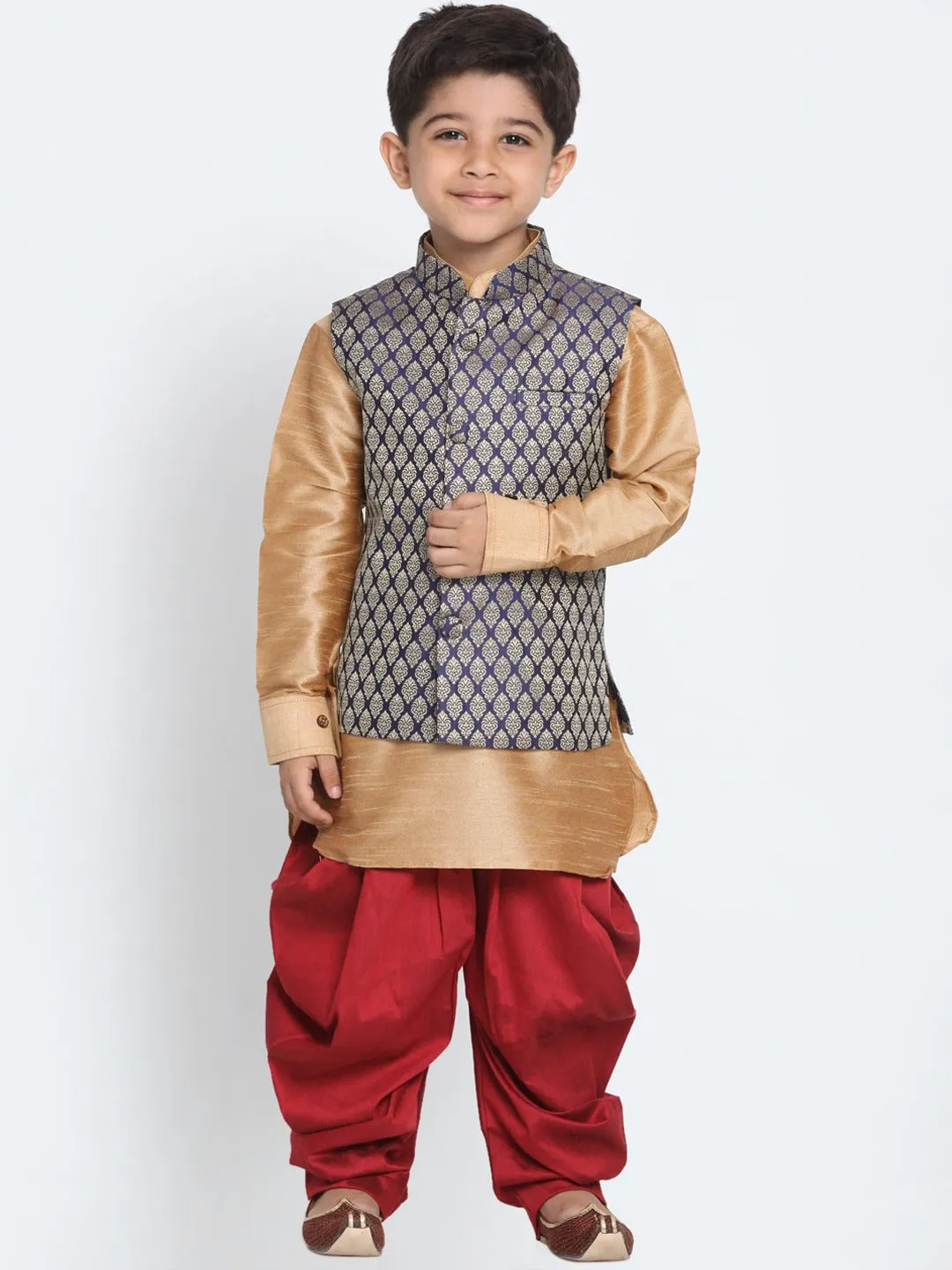 Vastramay Boys Rose Gold And Maroon Woven Kurta Set With Brocade Nehru Jacket