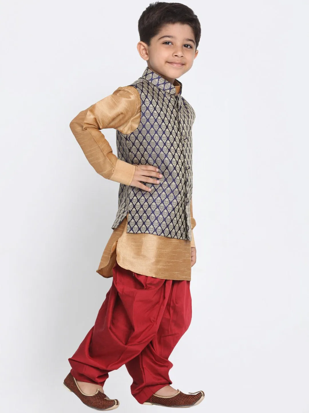 Vastramay Boys Rose Gold And Maroon Woven Kurta Set With Brocade Nehru Jacket