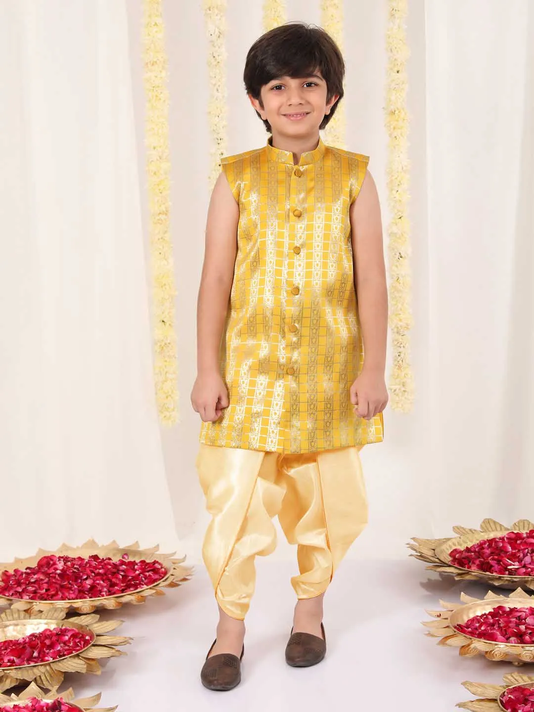 Vastramay Boys' Yellow Brocade Kurta Dhoti Set