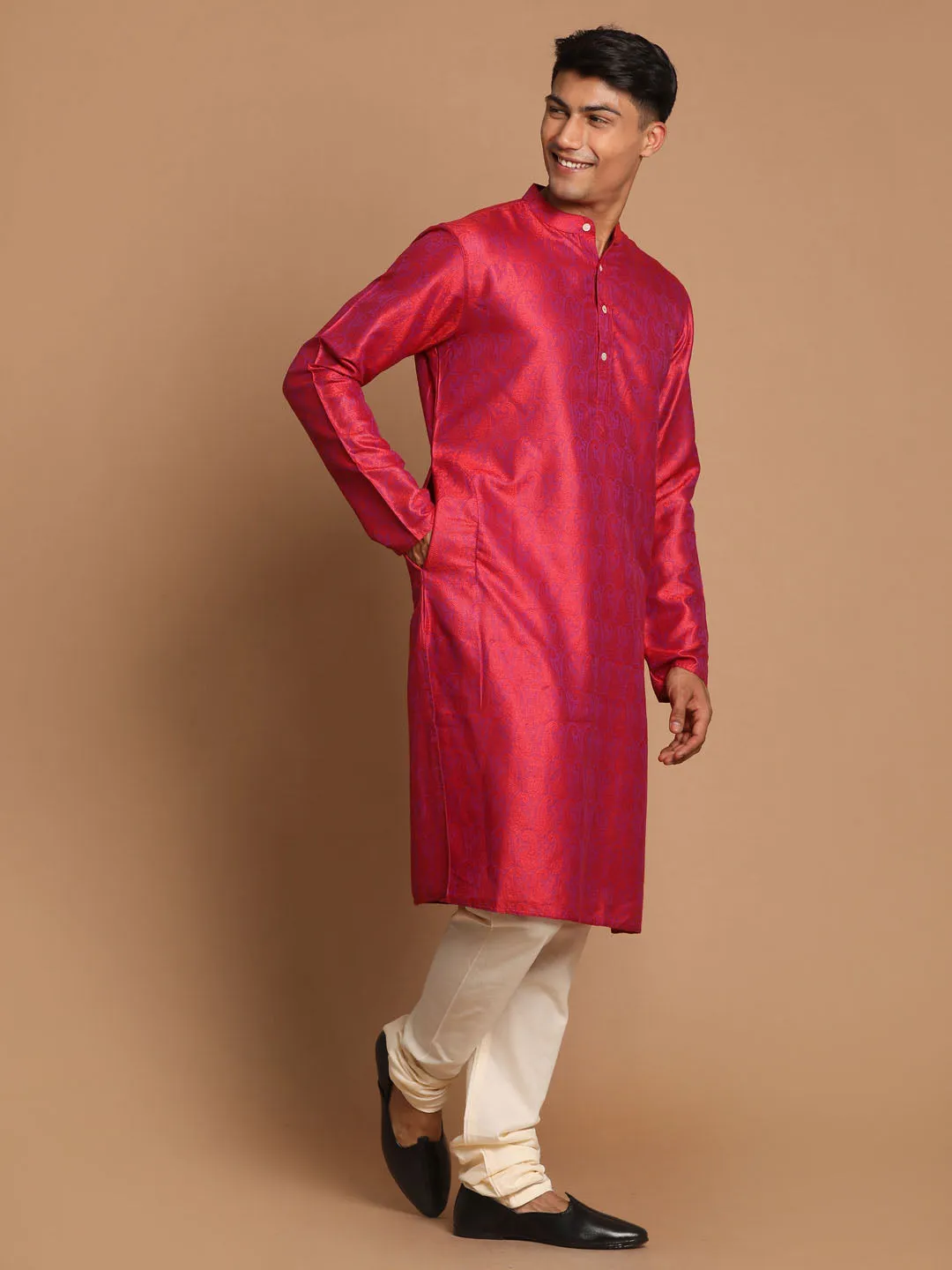 Vastramay Men's Red Paisley Brocade Silk Kurta And Solid Pyjama Set