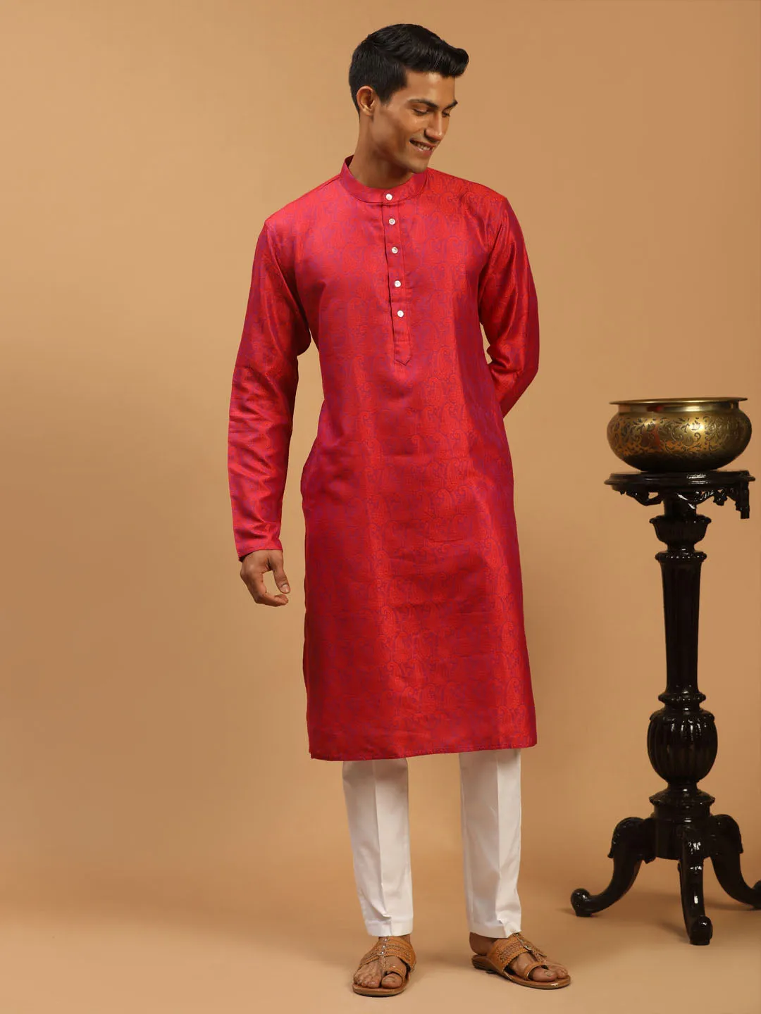 VASTRAMAY Men's Red Paisley Brocade Silk Kurta And  White Solid Pant Set