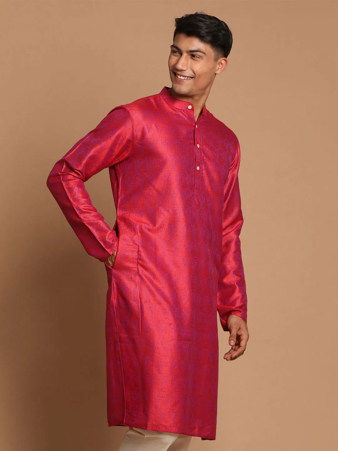 Vastramay Men's Red Paisley Brocade Silk Kurta