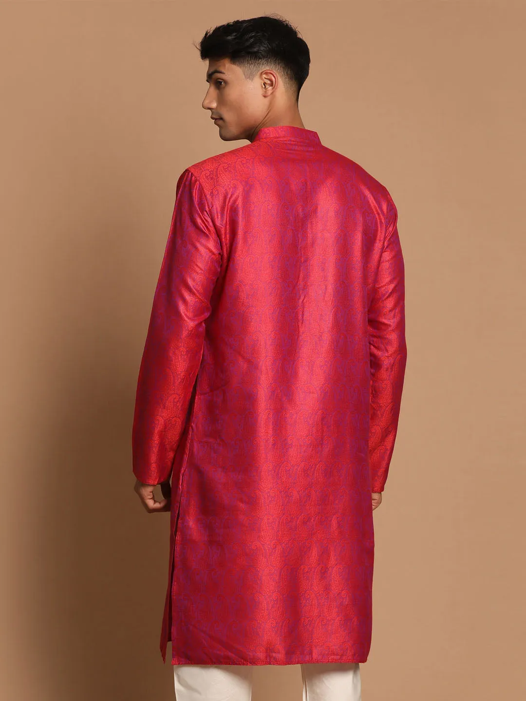 Vastramay Men's Red Paisley Brocade Silk Kurta