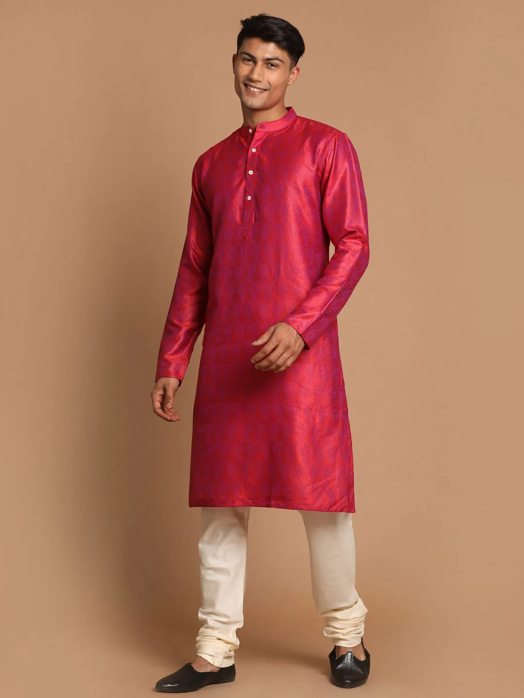 Vastramay Men's Red Paisley Brocade Silk Kurta